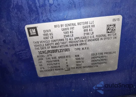 2015 Chevrolet Trax Lt z USA, uszkodzony, nr VIN 3GNCJRSB8FL231969